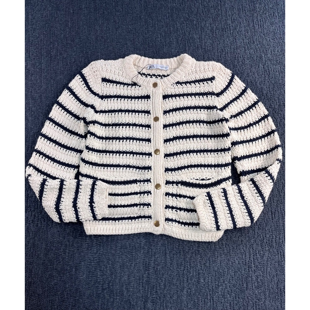 ZARA Womens Striped Knit Cardigan Gold Button Textured Sweater Navy White Size M